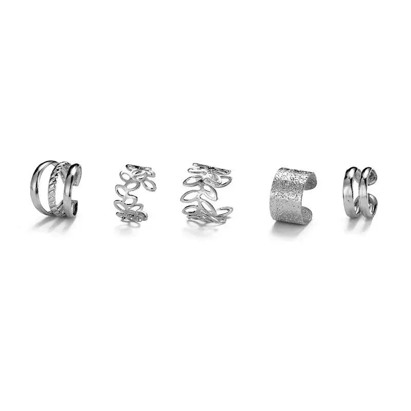 5pcs;Silver Color Leaves Clip Earrings for Women Men Creative Simple C Ear Cuff Non-Piercing Ear Ear Clip Set Trend Jewelry Gift - Image 27