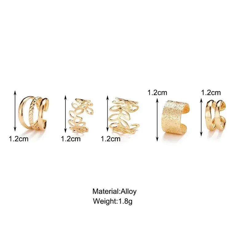 5pcs;Silver Color Leaves Clip Earrings for Women Men Creative Simple C Ear Cuff Non-Piercing Ear Ear Clip Set Trend Jewelry Gift - Image 4