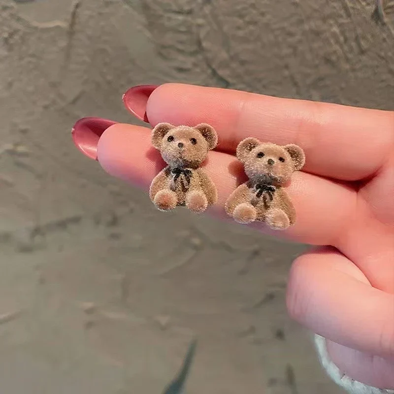 Cute Flocking Plush Rabbit Bear Stud Earrings Kawaii Brown Khaki Animal Earrings For Women Girls Korean Earring Jewelry - Image 3