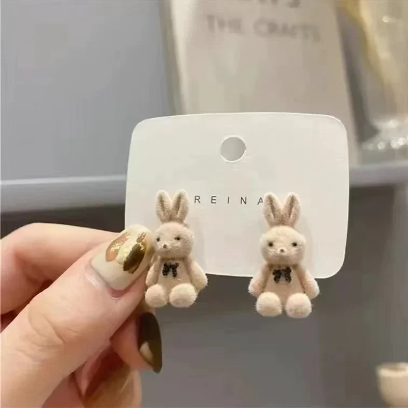 Cute Flocking Plush Rabbit Bear Stud Earrings Kawaii Brown Khaki Animal Earrings For Women Girls Korean Earring Jewelry - Image 4