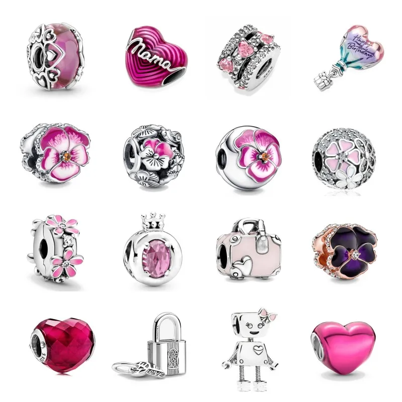 New 2023 Fashion Pink Pansy Flower Pendant Bead 925 Sterling Silver Plated Fit Necklace Keychain Charm DIY Jewelry Bracelet - Image 4